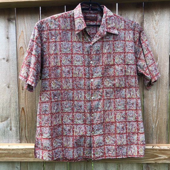 Tori Richard Men's Shirt Rust Red Mosaic Print Cotton Lawn Hawaiian Size L - Picture 1 of 11
